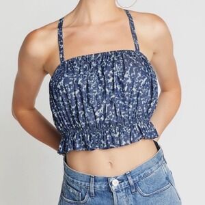 Choosy Blue White Acid Wash Print Tie‎ Back Smocked Crop Top Large NWT